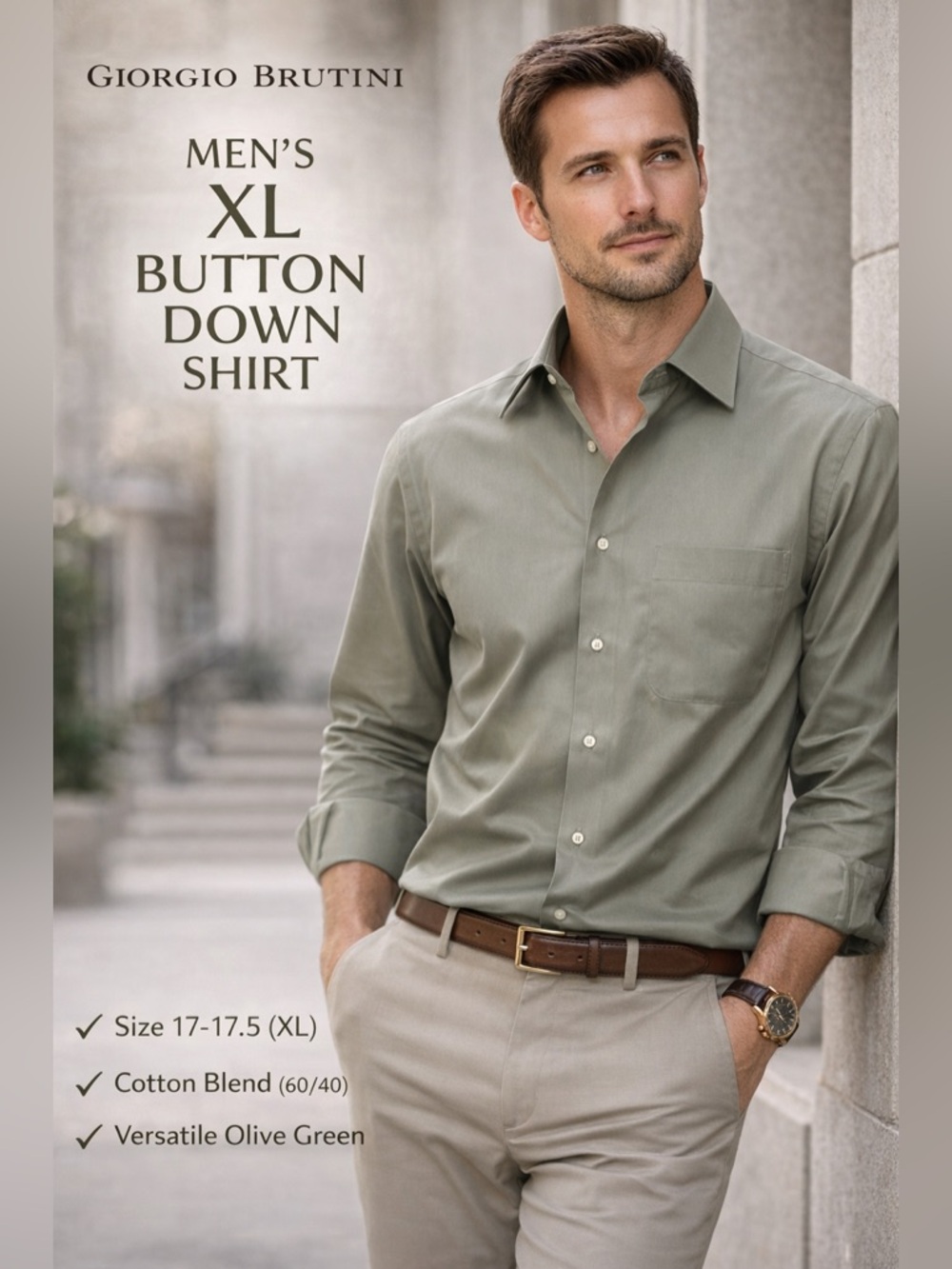 Giorgio Brutini Men’s XL Button Down Shirt Olive Green 17-17.5 Cotton Blend